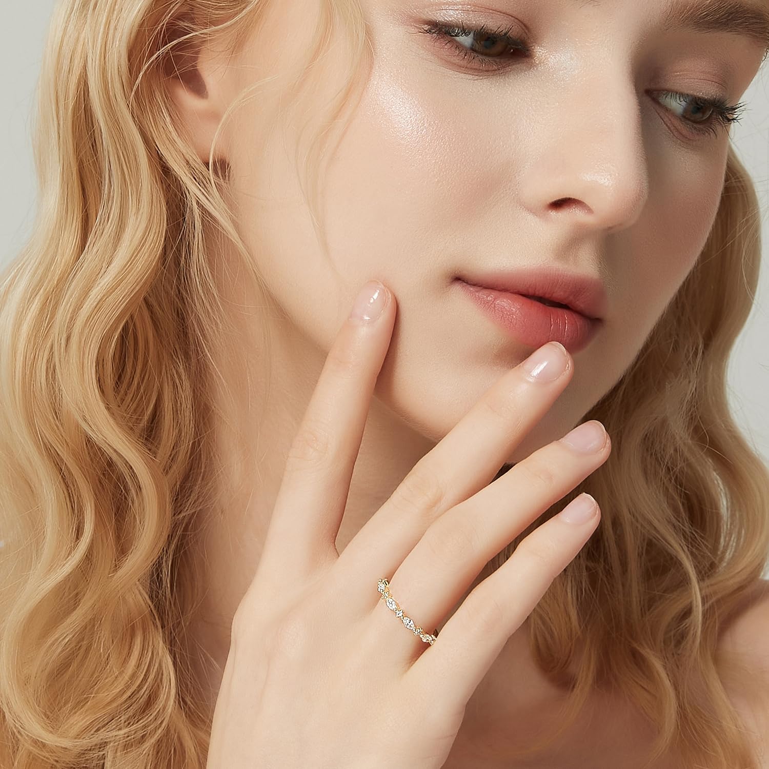 SHINYSO 14K Gold Plated Wedding Band for Women Thin Stacking Ring Half Cubic Zirconia Eternity Engagement Ring Size 4-10 - Image 6