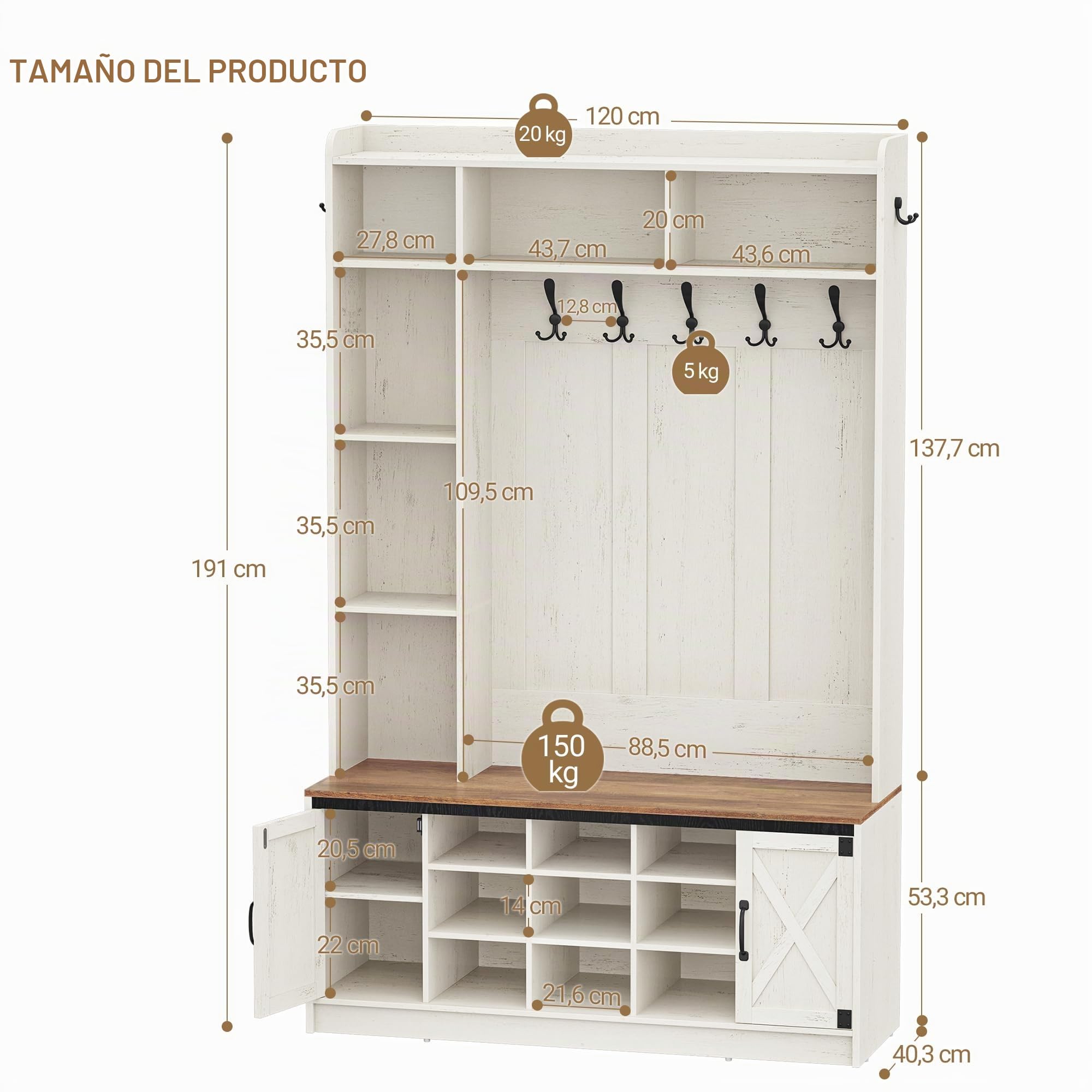 Hzuaneri Perchero LED con Banco de Zapatos, Mueble de Entrada, Estantes Ajustables, 15 Compartimentos Abiertos, 7 Ganchos, para Entrada, Pasillo, Blanco y Marrón HT24614XEU