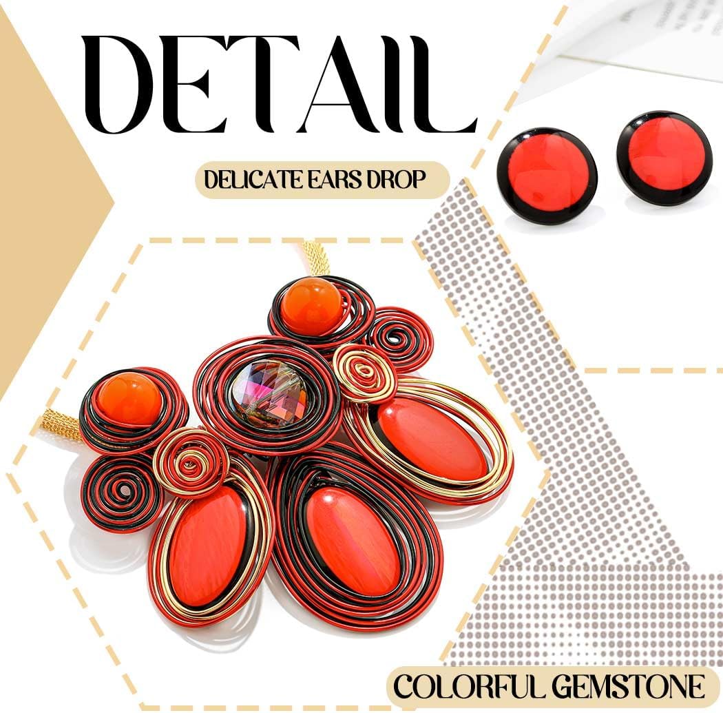 Statement Necklace and Earring Set, Purple Spiral Wire Design with Iridescent Stones,Gold Mesh Chain - Image 6