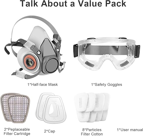 Miniatura 7 de Máscara respiradora, máscara de gas de media cara con gafas de seguridad, reutilizable, protección respiratoria profesional contra polvo, productos