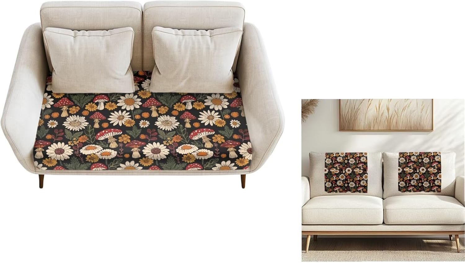 Daisy Mushroom Couch Cushion Cover with Recliner Headrest Protector with Fixing Nails Anti Slip Seat Couch Slipcover Sets Furniture Protector for Chair Loveseat Sofa