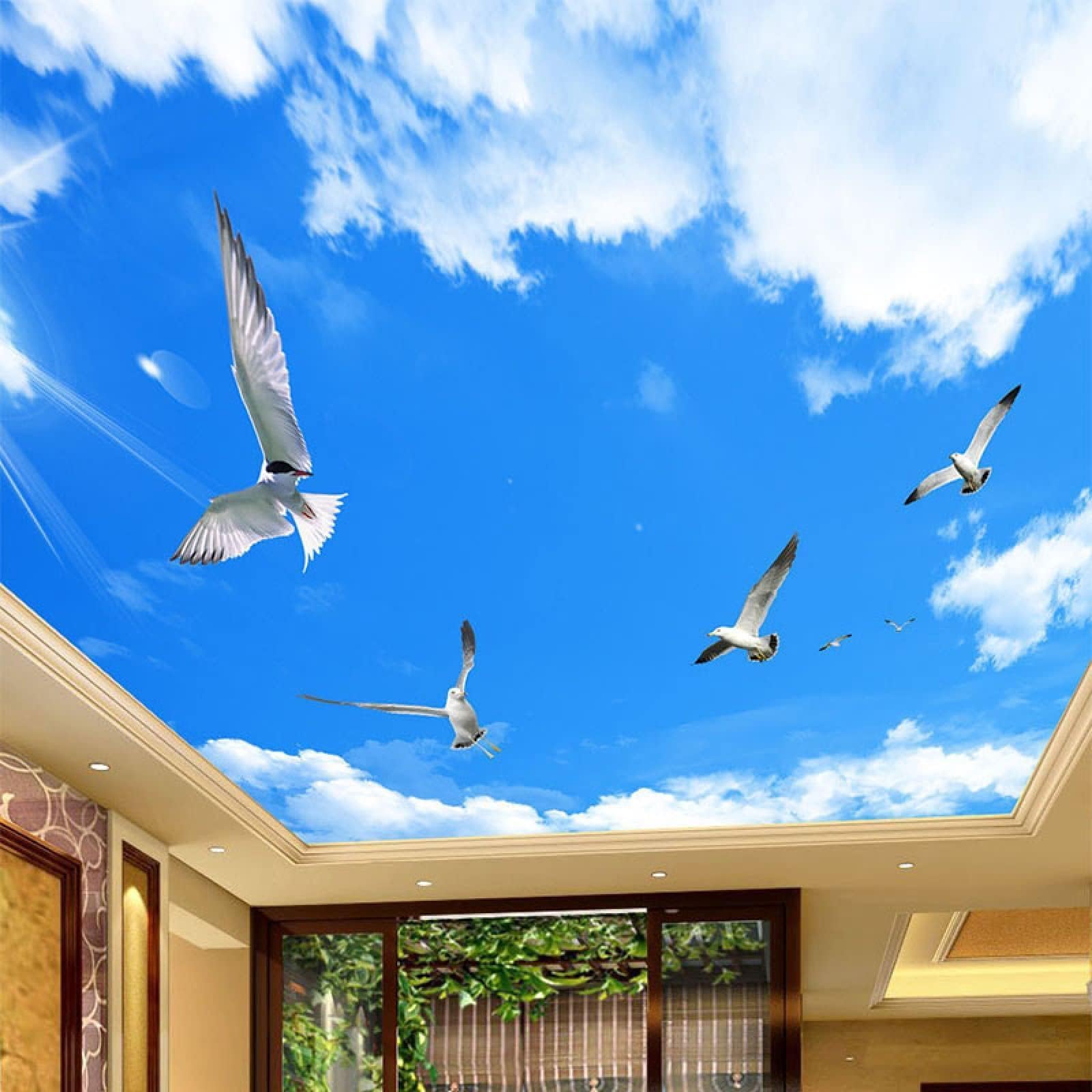 Blue Sky Ceiling 3D Wall Murals, White Dove in Clouds Mural Art Peel and Stick Wallpaper Removable Wall Stickers for Living Room Bedroom Wall Decor,59"Wx40"H