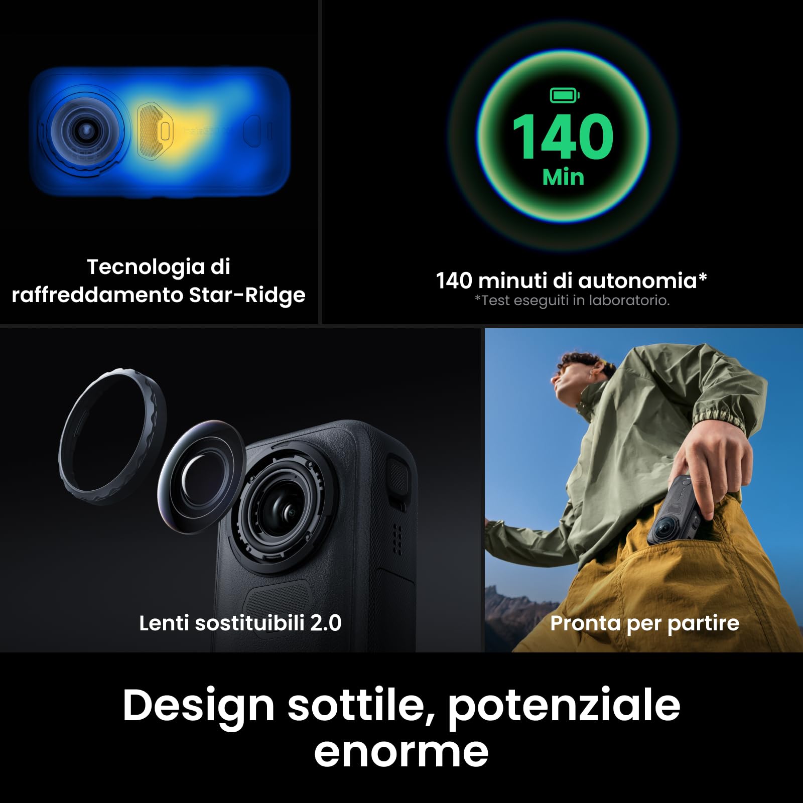 Insta360 X6 - Action cam 360 8K con sensori da 1/1,1″, Nero notte | Videocamera, doppio sensore quadrato personalizzato da 1/1,1″, triplo chip IA, lenti sostituibili 2.0, 140 min di video in 8K