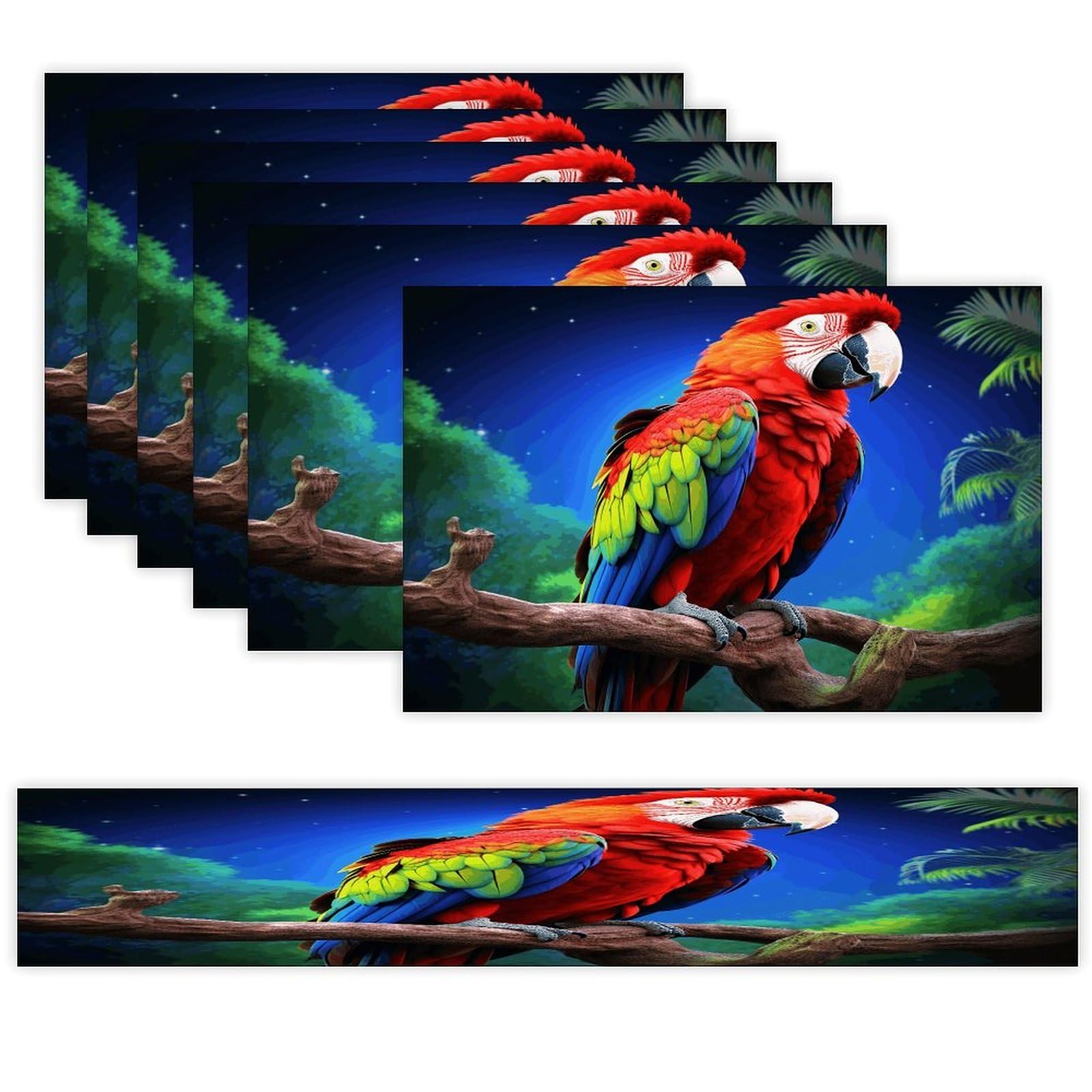 Parrot Table Runner and Placemats Set of 6 for Kitchen Washable Table Mats Heat Resistant Place Mats Non-Slip Place Mat Wipeable Placemat(6 Placemats+1 Table Runner)