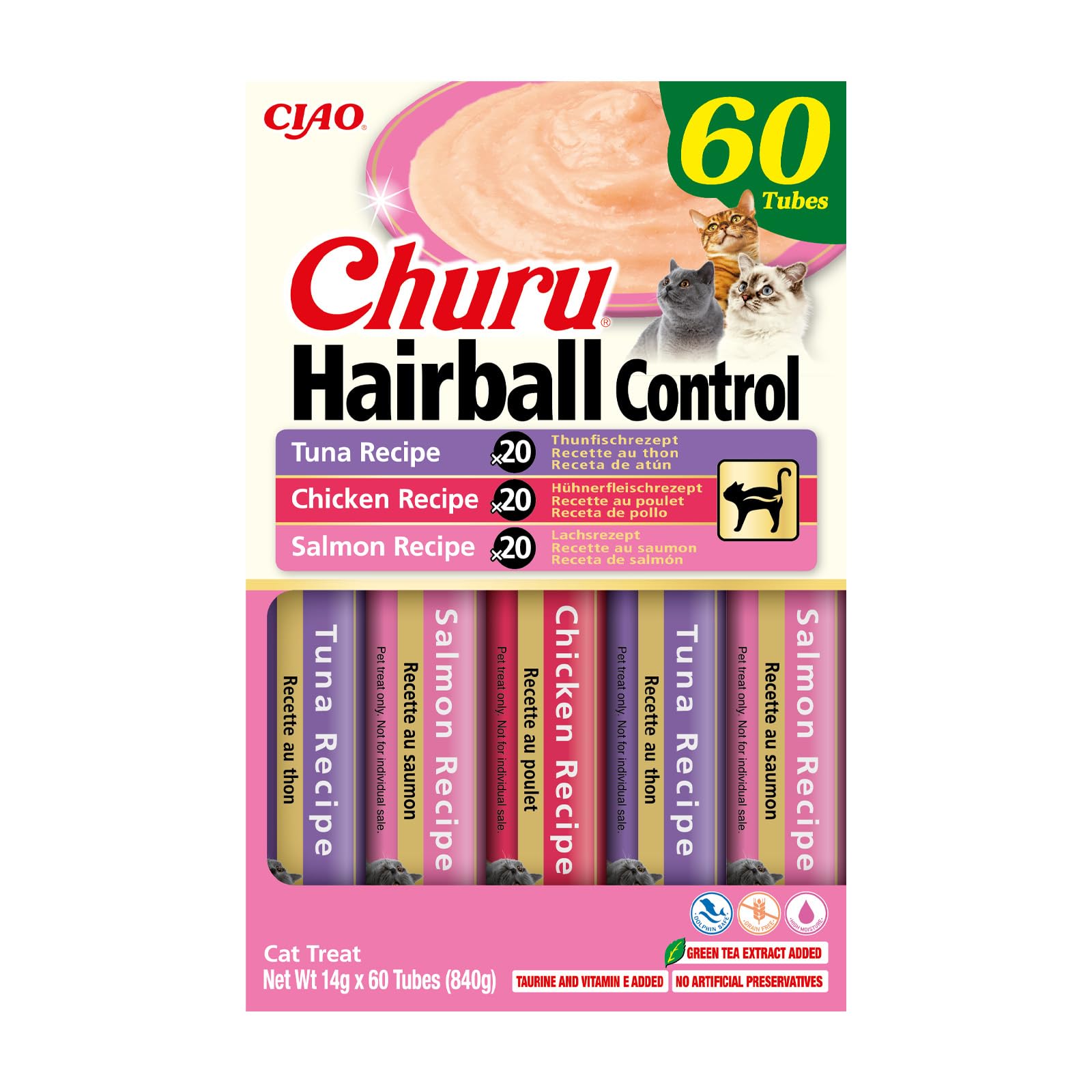 INABA Churu Hairball Control, Snack Cremoso para Gatos contra Las Bolas de Pelo, con Atún, Pollo y Salmón, Puré Suave con Fibra Añadida, Rico en Omega 3 y 6, Alto Contenido en Humedad, 60 Tubos x 14g