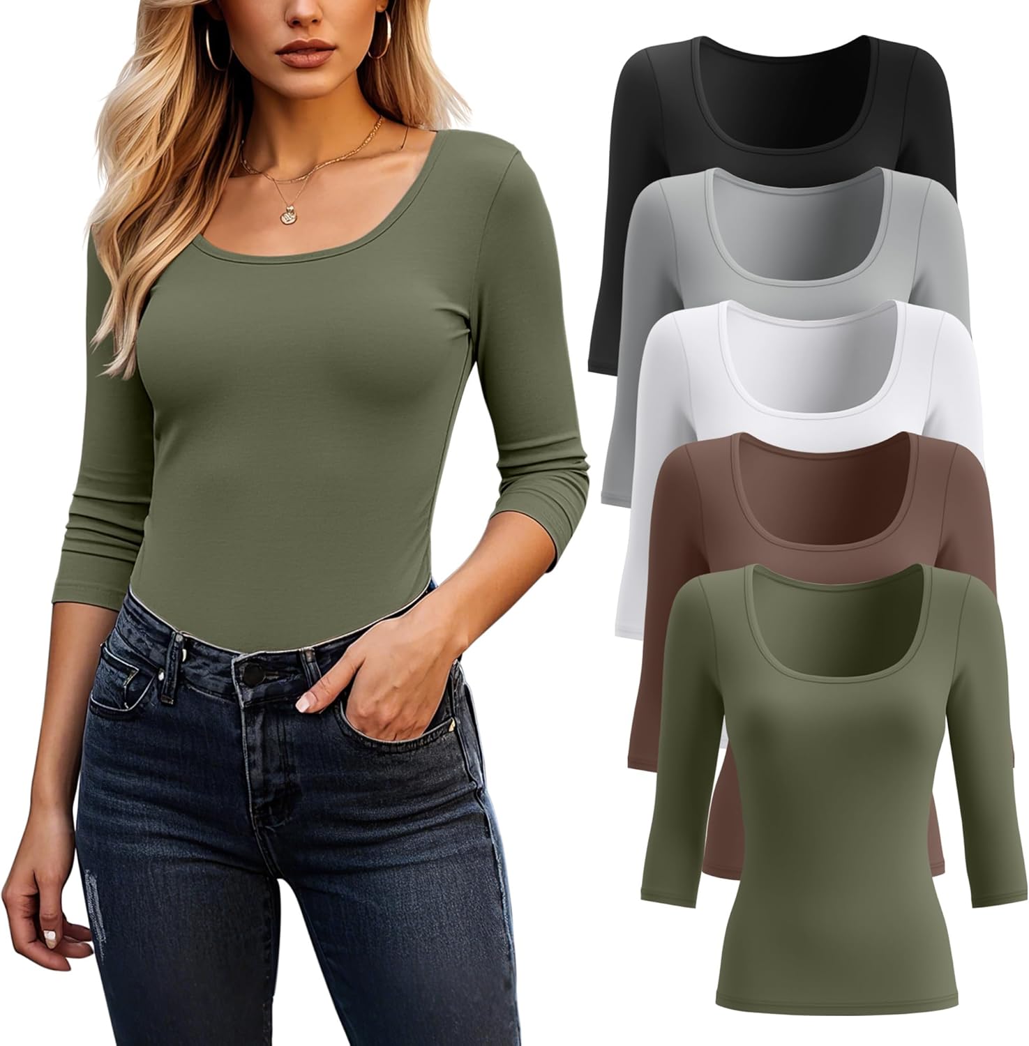 Riyiper 5 Pack Women's 3/4 Sleeve Shirts, Scoop Neck Tops Stretchy Slim Fit Basic T-Shirts Casual Athletic Tees