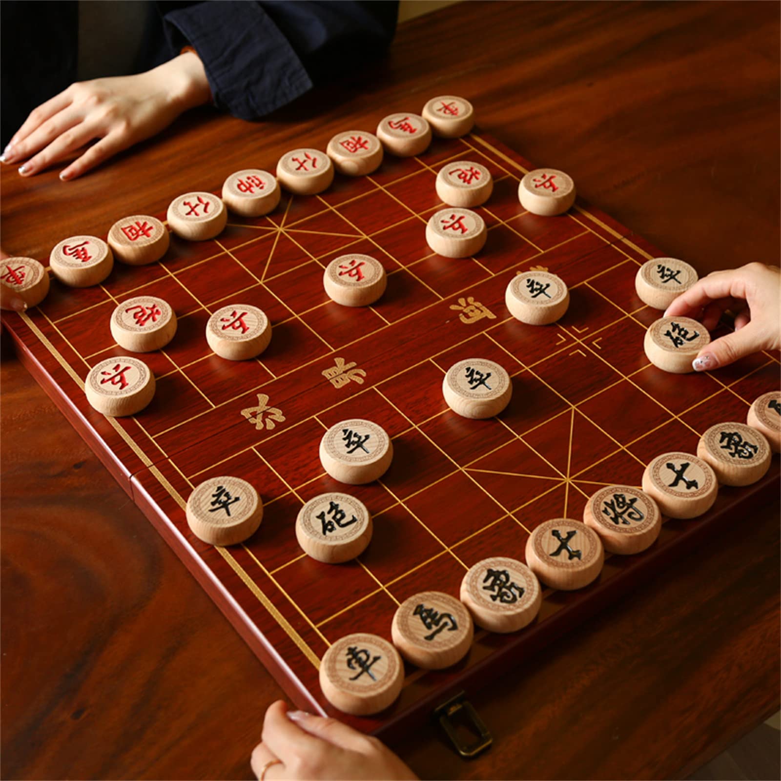 Wooden Foldable Chinese Chess Xiangqi Travel Game Set, Wooden Chess Pieces 32 Traditional Tabletop Strategy and Skill Game Puzzle Games for Adults