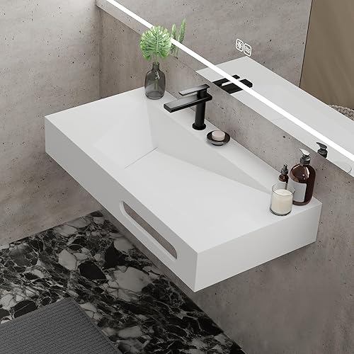 QJ&XY Resin Bathroom Sink 32" Wall Mounted V-Shaped White Basin