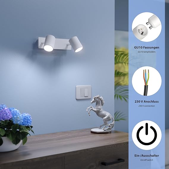 ledscom.de ledscom.de 2 wandspots WAIKA, tweelamps, met schakelaar, wit mat, incl. LED GU10 lampen elk 450lm warmwit photo 2