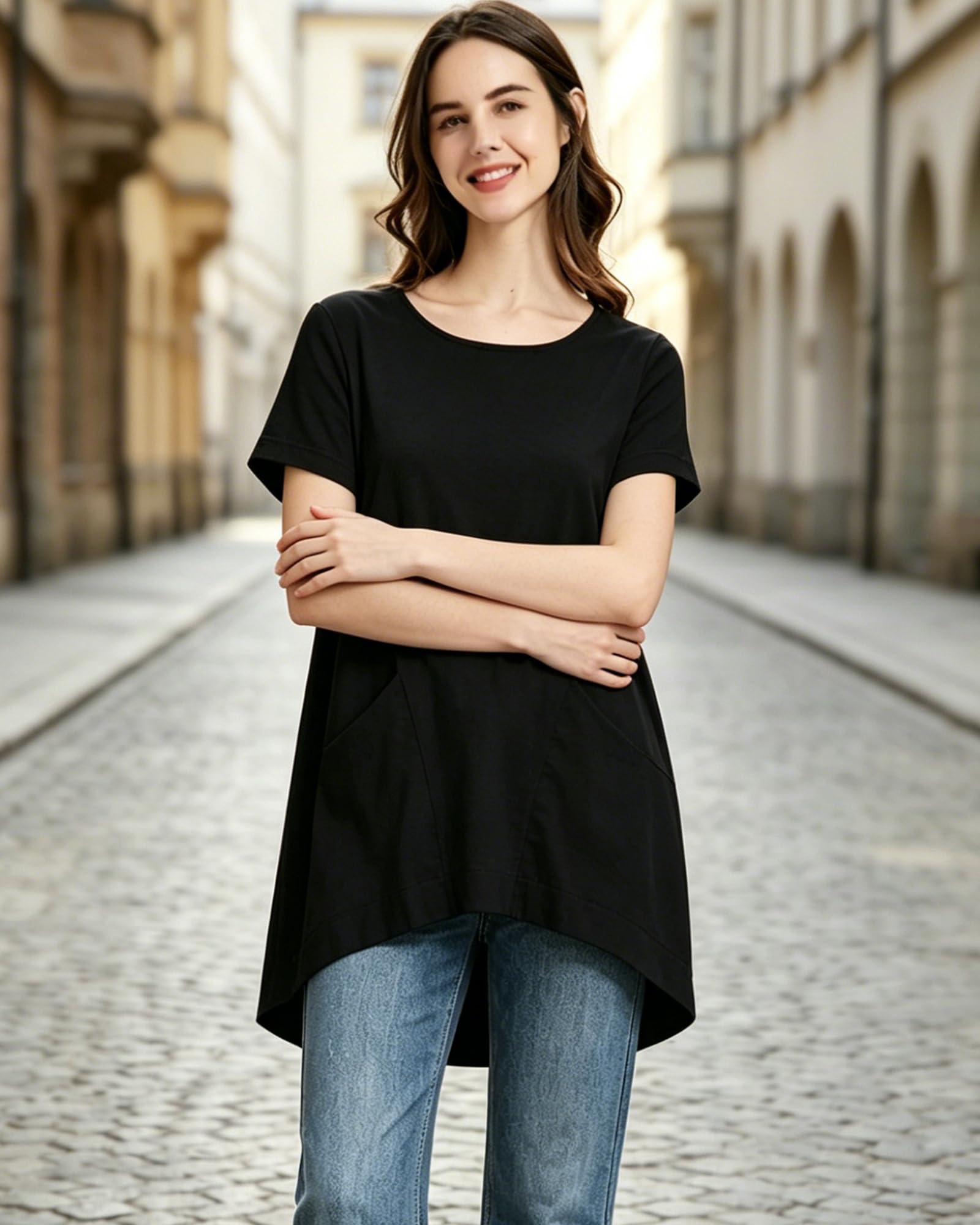 FTCayanz Damen Leinen Tunika Kurzarm Rundhals Sommer Bluse