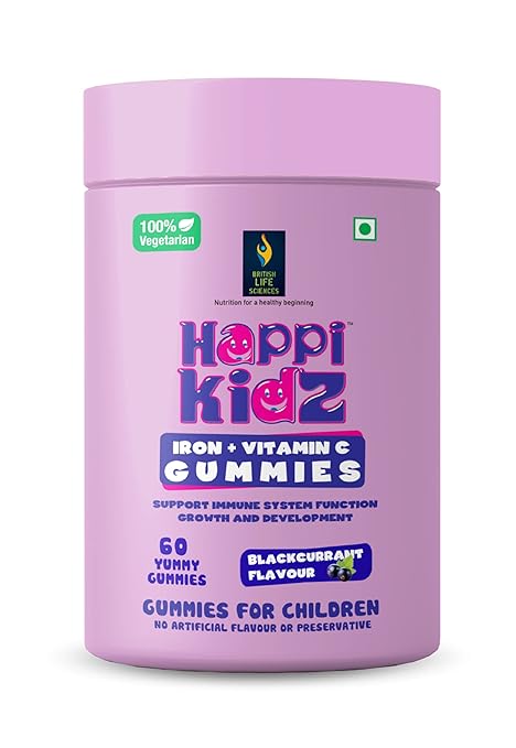 BRITISH LIFE SCIENCES | Happi Kidz Iron + Vitamin C Gummies For Kids -Supports Immune system function, Helps build red blood cells & overall growth and development, Blackcurrent Flavor | 60 Gummy Bears