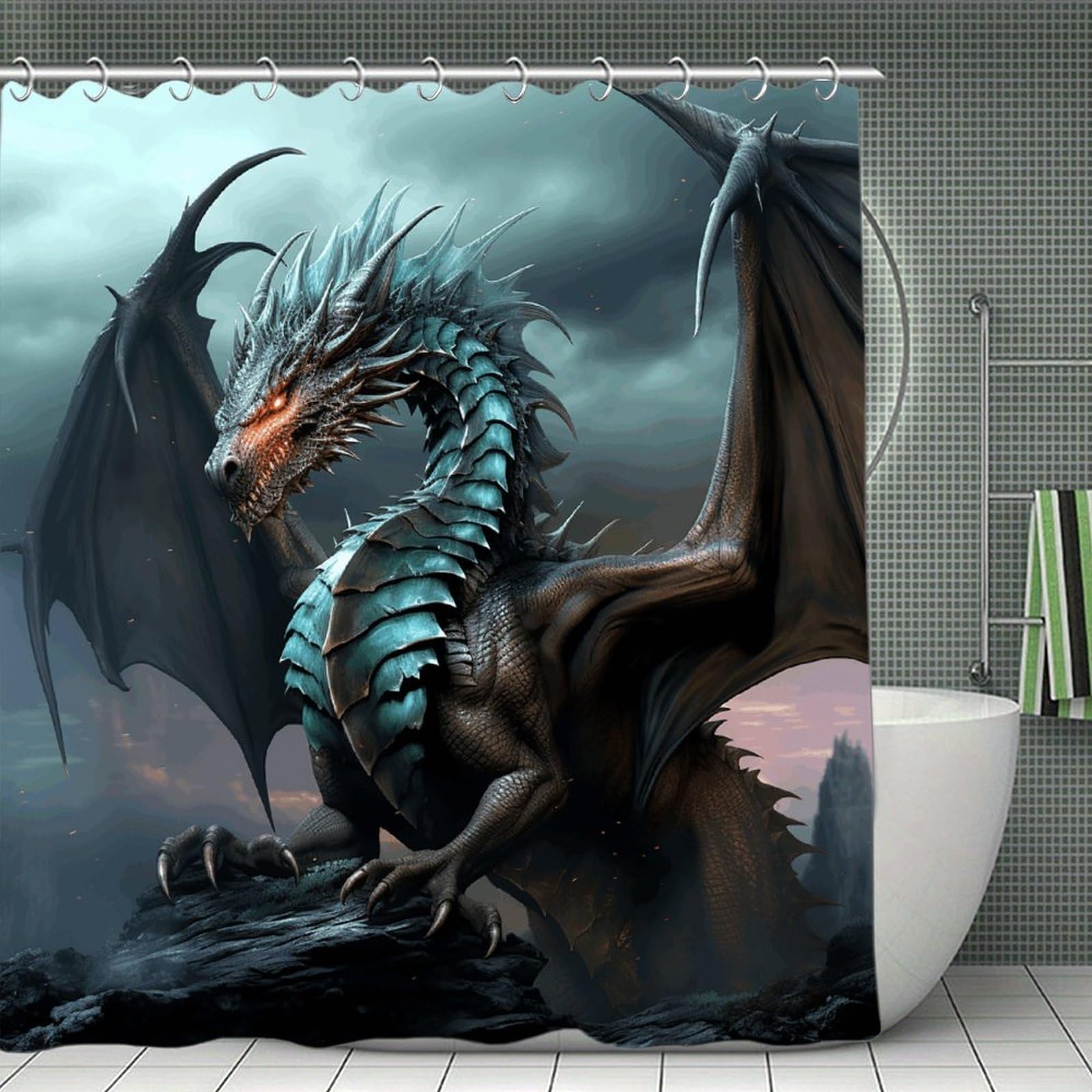 VstaDank Cool Dragon Bath Curtain Elegant Heavy Duty Shower Curtains 70x70 in Rustic Farmhouse Cloth Shower Curtains Neutral Modern Bath Curtain for Bathroom