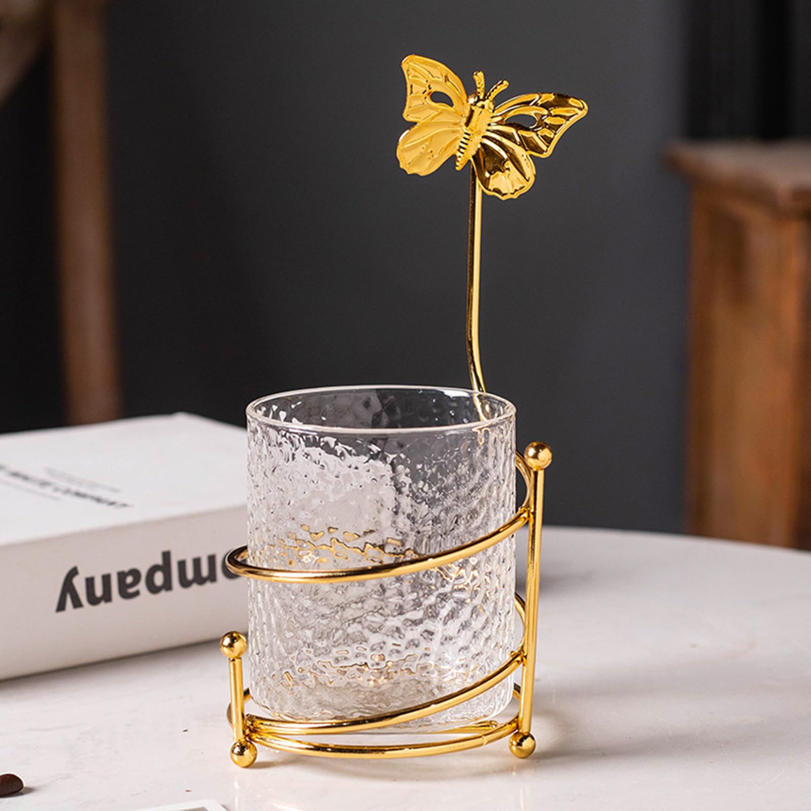 6 cucharas de café con soporte de vidrio, pequeñas cucharas de postre doradas de acero inoxidable, juego de mini cucharas de té para frutas, agitar, mezclar, azúcar, helado, pastel