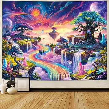 Serborlur Neon Galaxy Space Tapestry Fantasy Tree of Life Tapestries Psychedelic Planet Mountain Wall Decor Magical Waterfall Rainbow River Wall Hanging for Bedroom