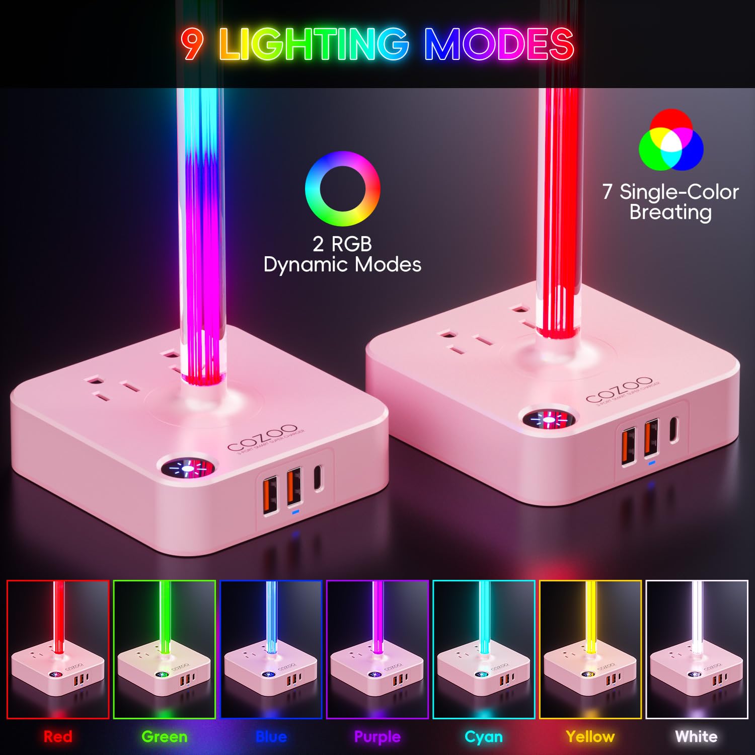cozoo Regali per ragazze adolescenti carino rosa RGB cuffie stand e stazione di ricarica, 3 prese USB 2 AC – elegante supporto per cuffie da gioco, scrivania e sala giochi, regali di Natale per