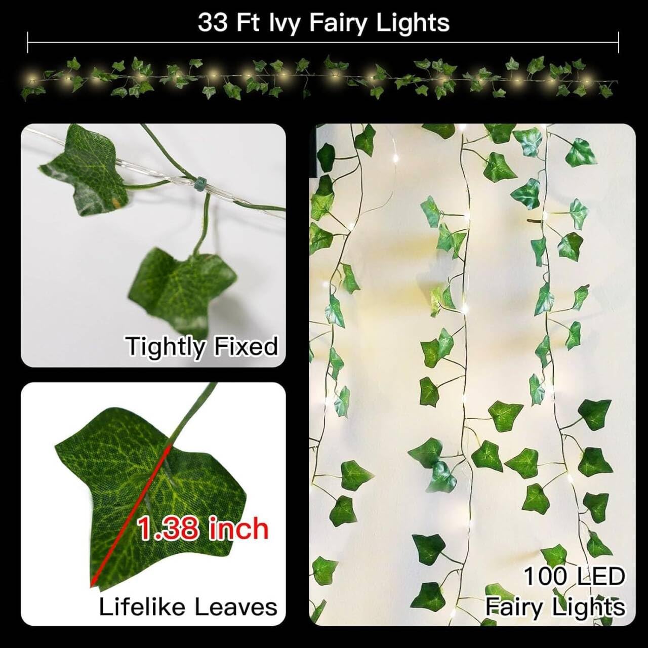HanYun 33Ft Artificial Ivy Leaf Garland with 100 LED Fairy String Lights,Fake Green Leaves Hanging Vine Faux Flowers Decoration for Indoor Outdoor - Image 2