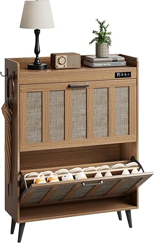 Miniatura 10 de ChooChoo Armario de almacenamiento de zapatos con 2 cajones abatibles, organizador de zapatos desodorizante para entrada, gabinete independiente