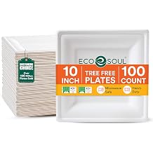 ECO SOUL 10 Inch Disposable Bagasse Paper Plates 100 Pack, Square