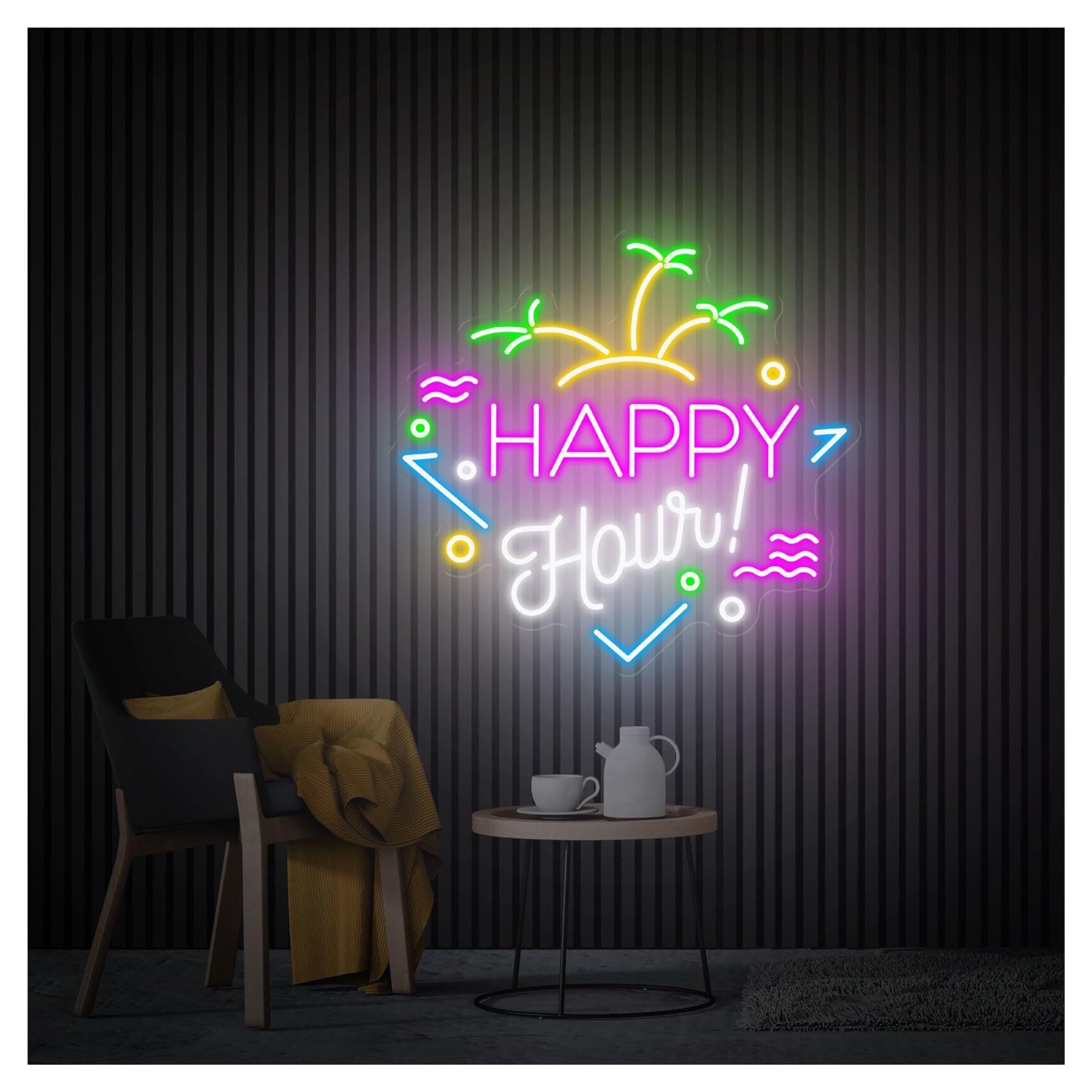 RONGCH Hanging Art Signs Happy Hour Neon Sign,Suitable for Beach House Wall Decor with Dimmable 48cmx50cm(G)
