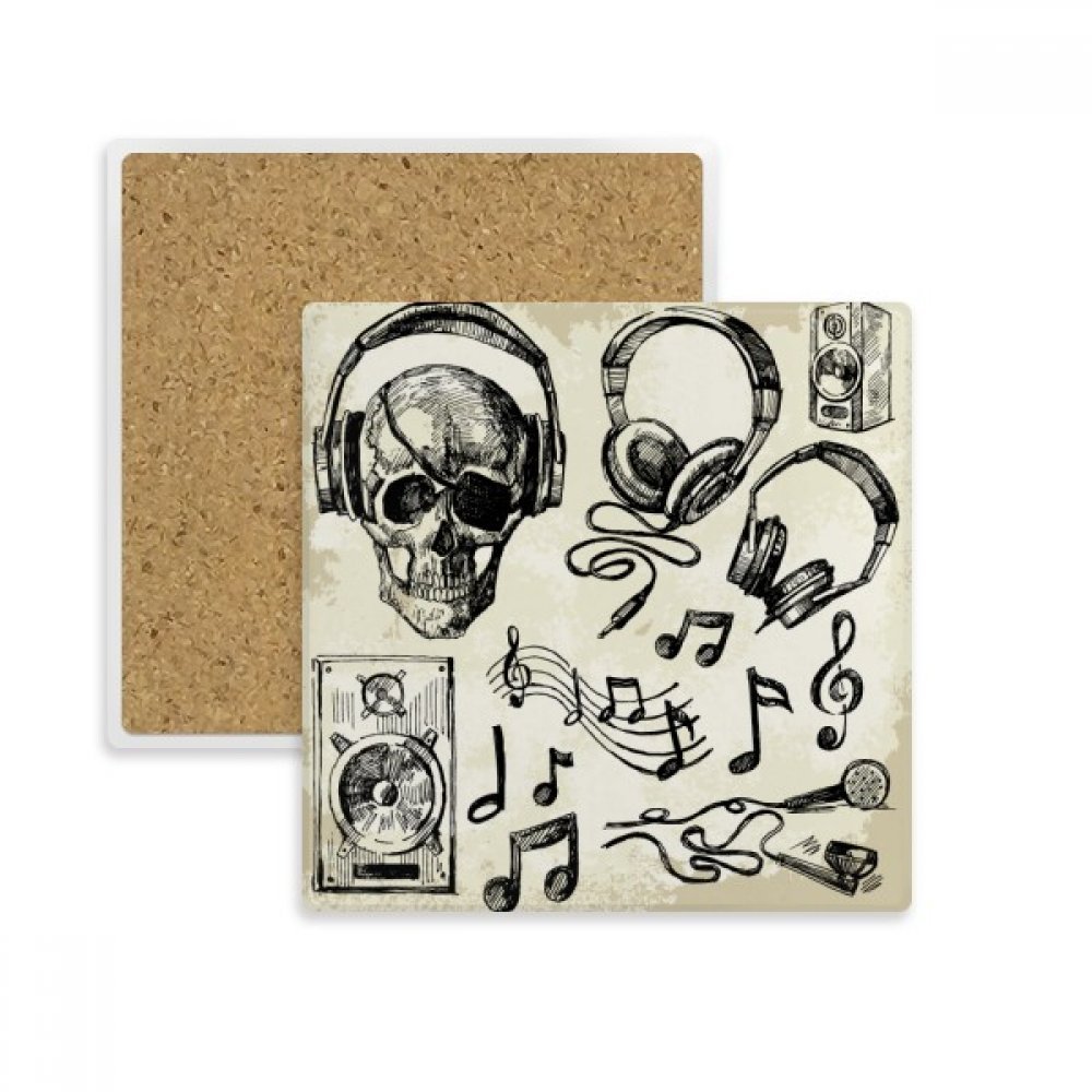 Dessous de verre cadeau original motif musique et crâne en pierre carrée absorbante - set de 2