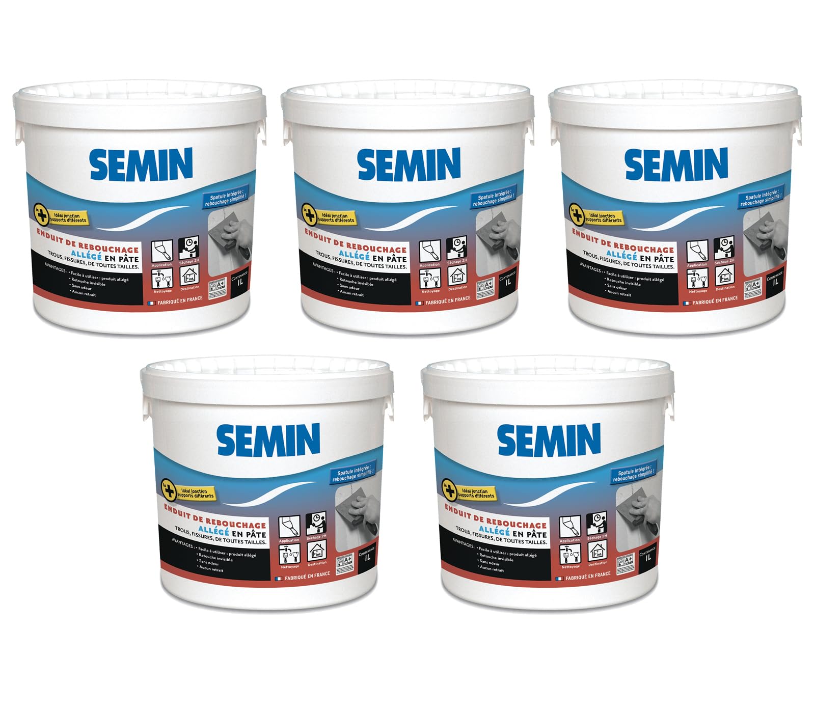 Semin SEM-LIGHT Enduit de Rebouchage Allégé- 5 X 1 L – Ultra Léger, Sans Retrait & Séchage Rapide – Réparation Trous & Fissures – Intérieur Murs & Plafonds – Blanc Mat – 5 Spatules Intégrées