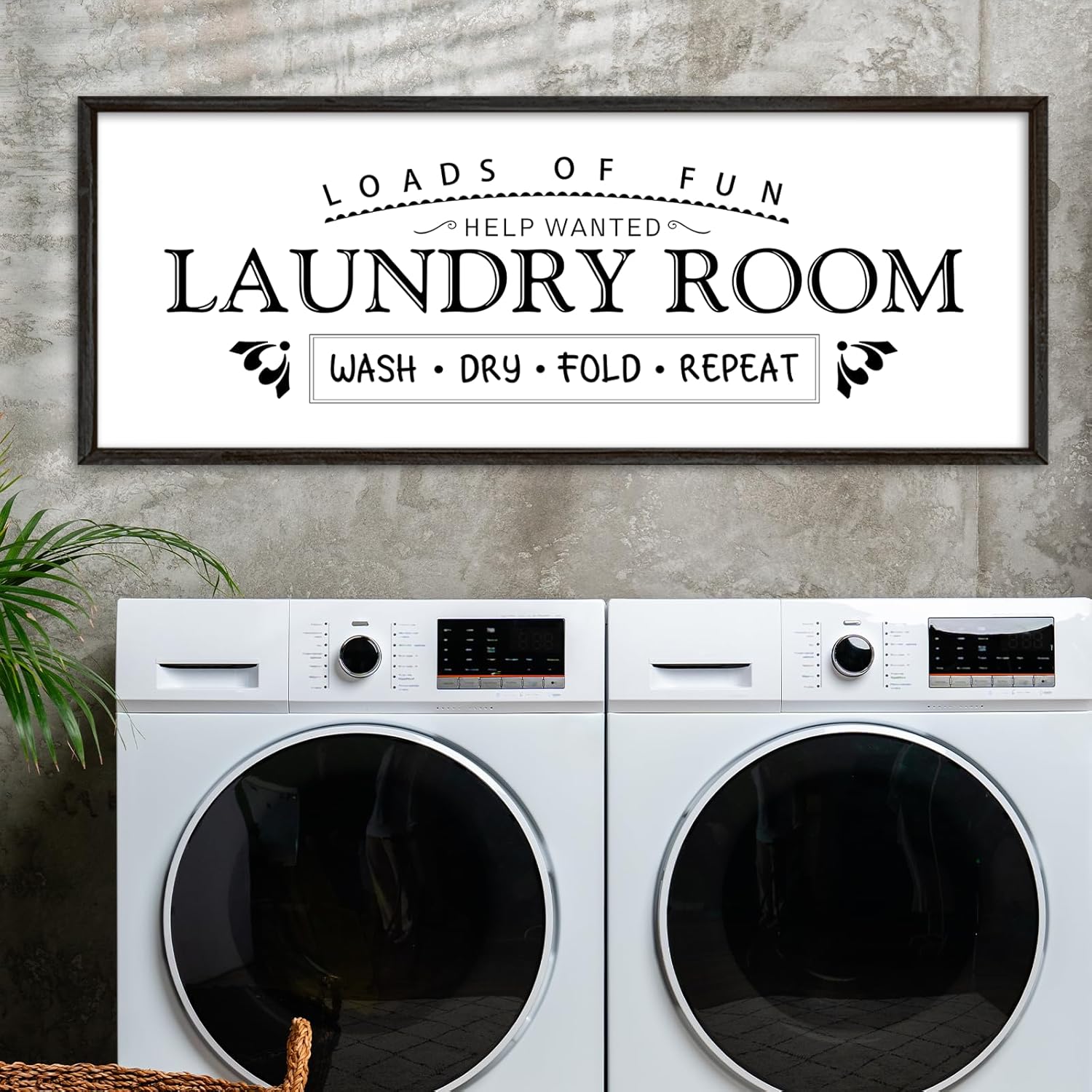 Wash Dry Fold Repeat Wall Decor Art 32"X12" Laundry Room Sign Bathroom Laundry Rules Large Wood Framed Wall Hanging (Black)