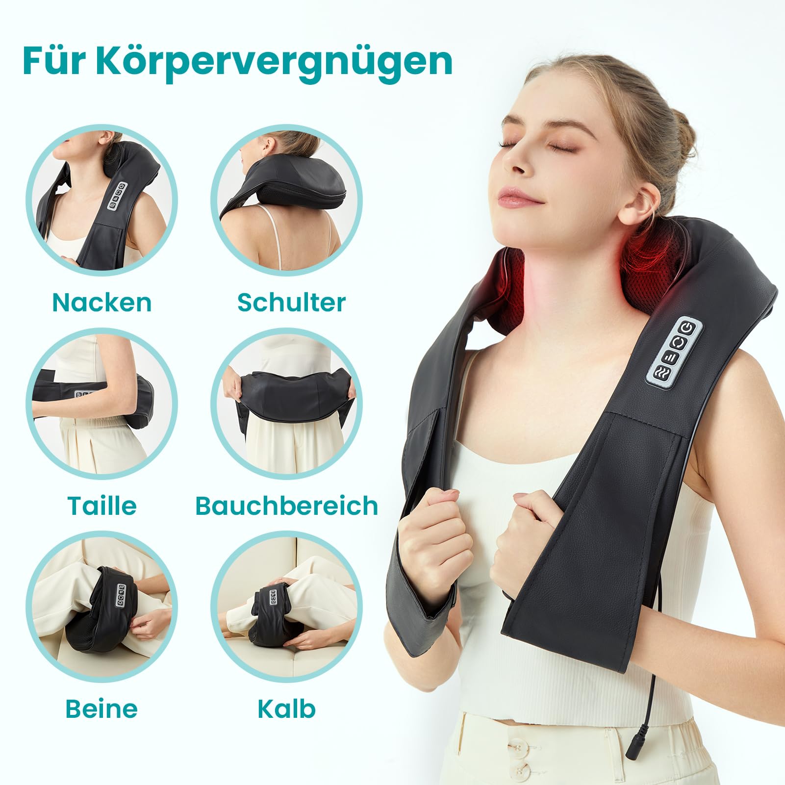 Nackenmassagegerät mit Wärme, Kabelgebundenes PU-Leder Massage für Nacken & Schultern，Shiatsu Massagegerät für Nacken Rücken Schulter, mit Netz- & Auto-Adapter,Geschenke für Frauen/Mütter/Väter