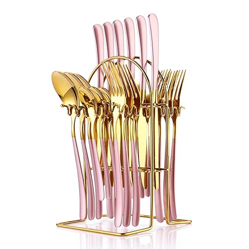24 Pieces Silverware Set, Stainless Steel Flatware Set with Silverware Holder Spoons Forks Knives Set,Utensils Set Service for 6,Cutlery Set for Kitchen (Pink) - Pink