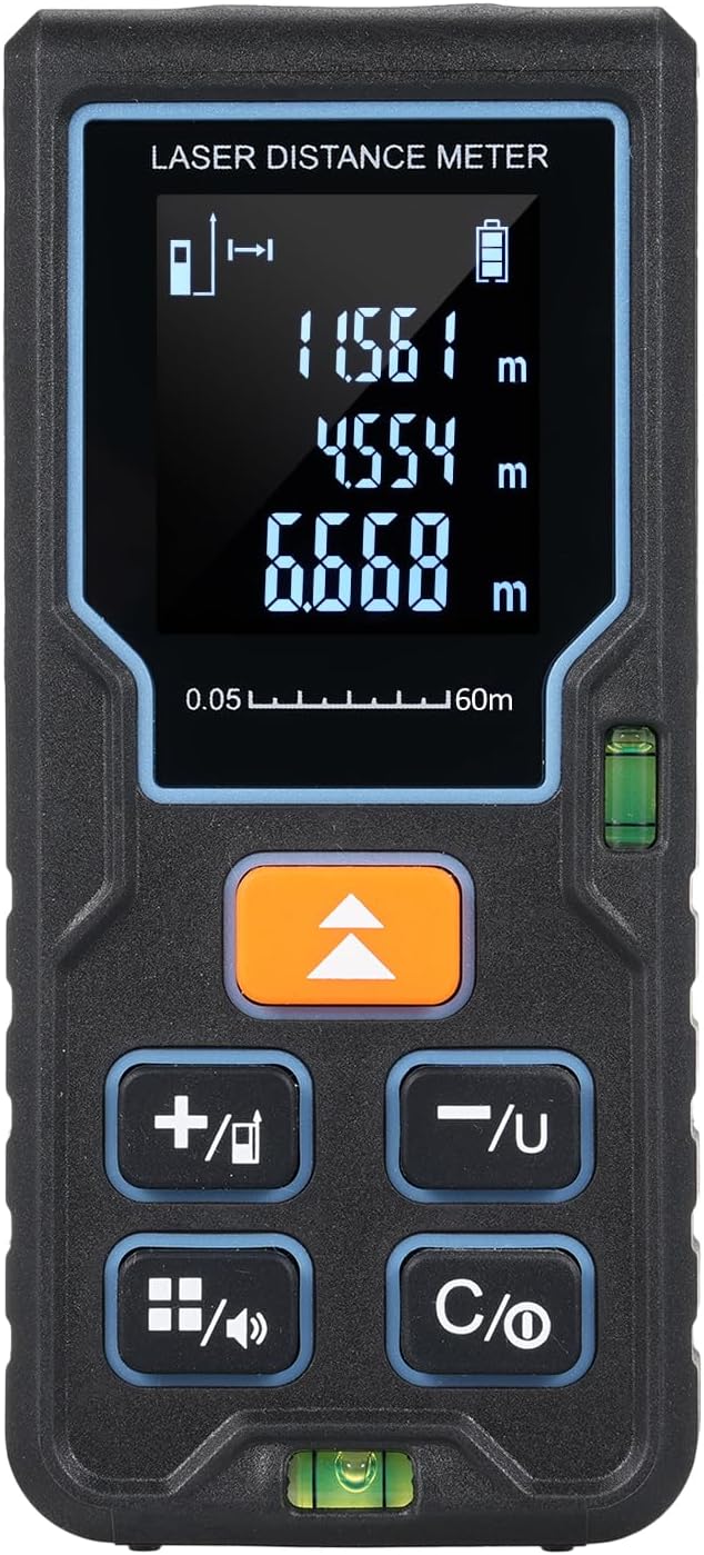 Weytoll Measure 60m/196ft Distance Meter Portable Measurement Tool with 2 Bubble Levels Large Backlit LCD Display m/ft/in Unit Switching Pythagorean Mode Measuring Distance Area Volume