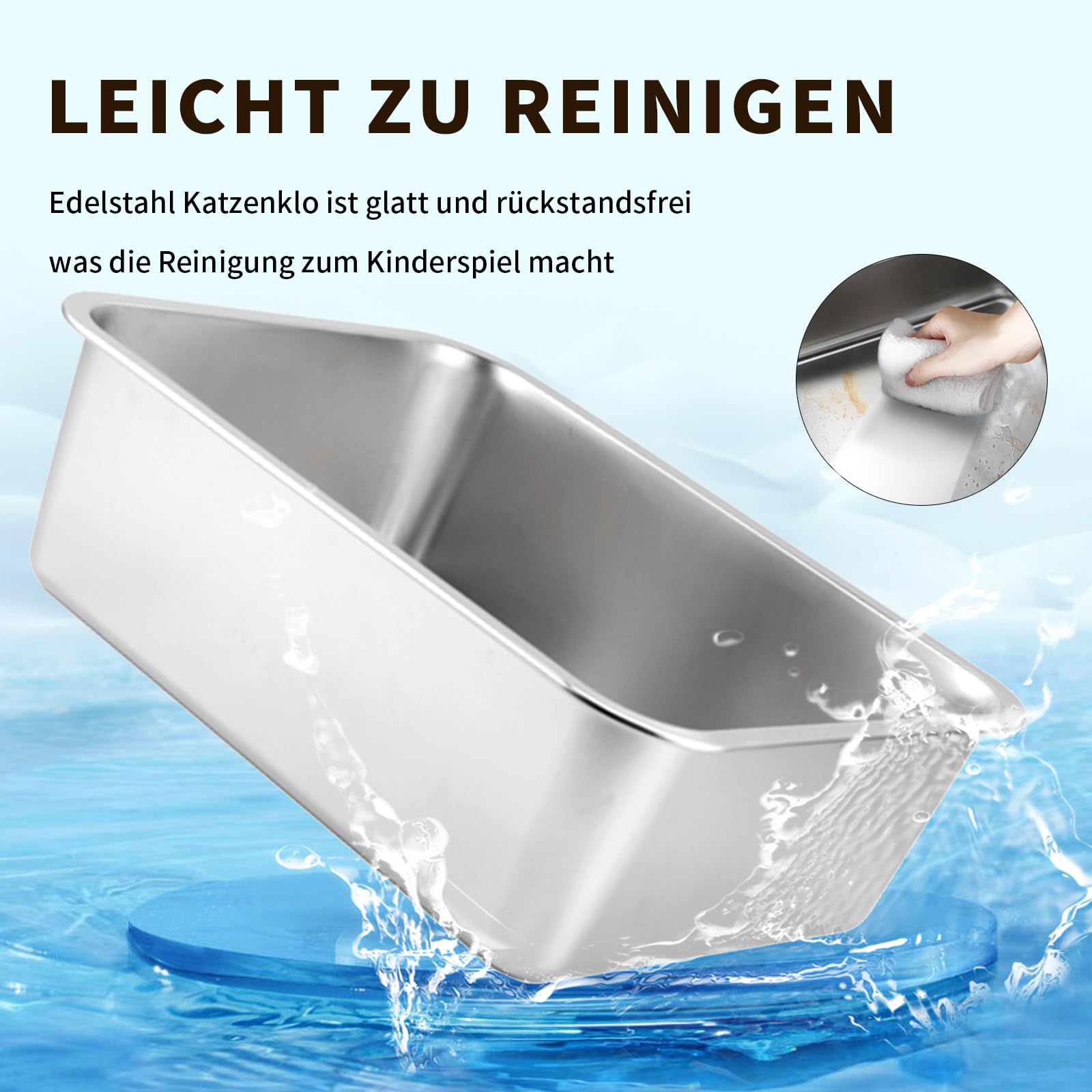 Lettiera robusta per gatti non necessita di odori, antiruggine, superficie liscia, in acciaio inox, grande capacità per una facile pulizia (argento, 60 x 40 x 15 cm)