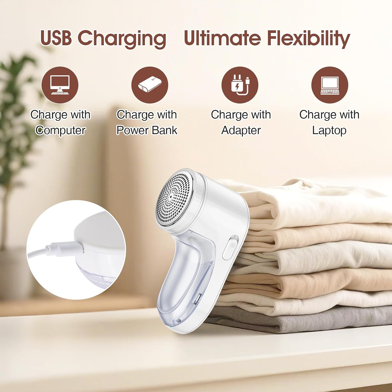Electric Fabric Shaver, Lint Remover for Clothes, Rechargeable Sweater Shaver to Remove Fuzz and Pill for Sweater, Delicates, Bedding and Couch (White)