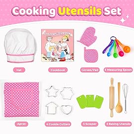 Toyze Birthday Gifts for 3-8 Year Old Girls Cute Stuff Apron for Girls Kids Cooking Sets Toddler Toys Kids Chef Hat and Apron Easter Christmas Stocking Stuffers White-with Cookbook