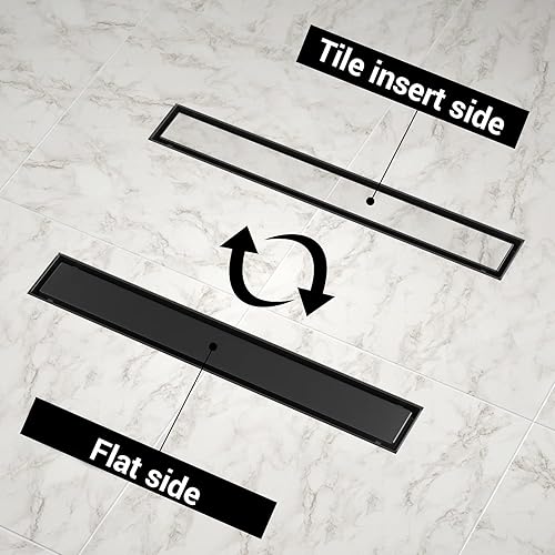 Miniatura 2 de EXF Drenaje lineal de ducha de 12 pulgadas, color negro mate con cubierta reversible plana y de inserción de azulejos, drenaje de piso de ducha