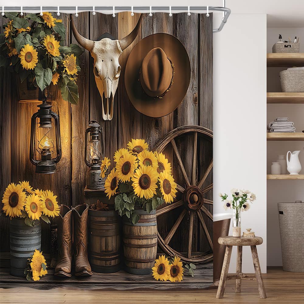 Western Cowboy Rustic Shower Curtain Farmhouse Brown Barn Door Wood Wooden Sunflower Southwest Country Vintage Rural Polyester Fabric Bathroom Decor 70×96 Inch with Hook