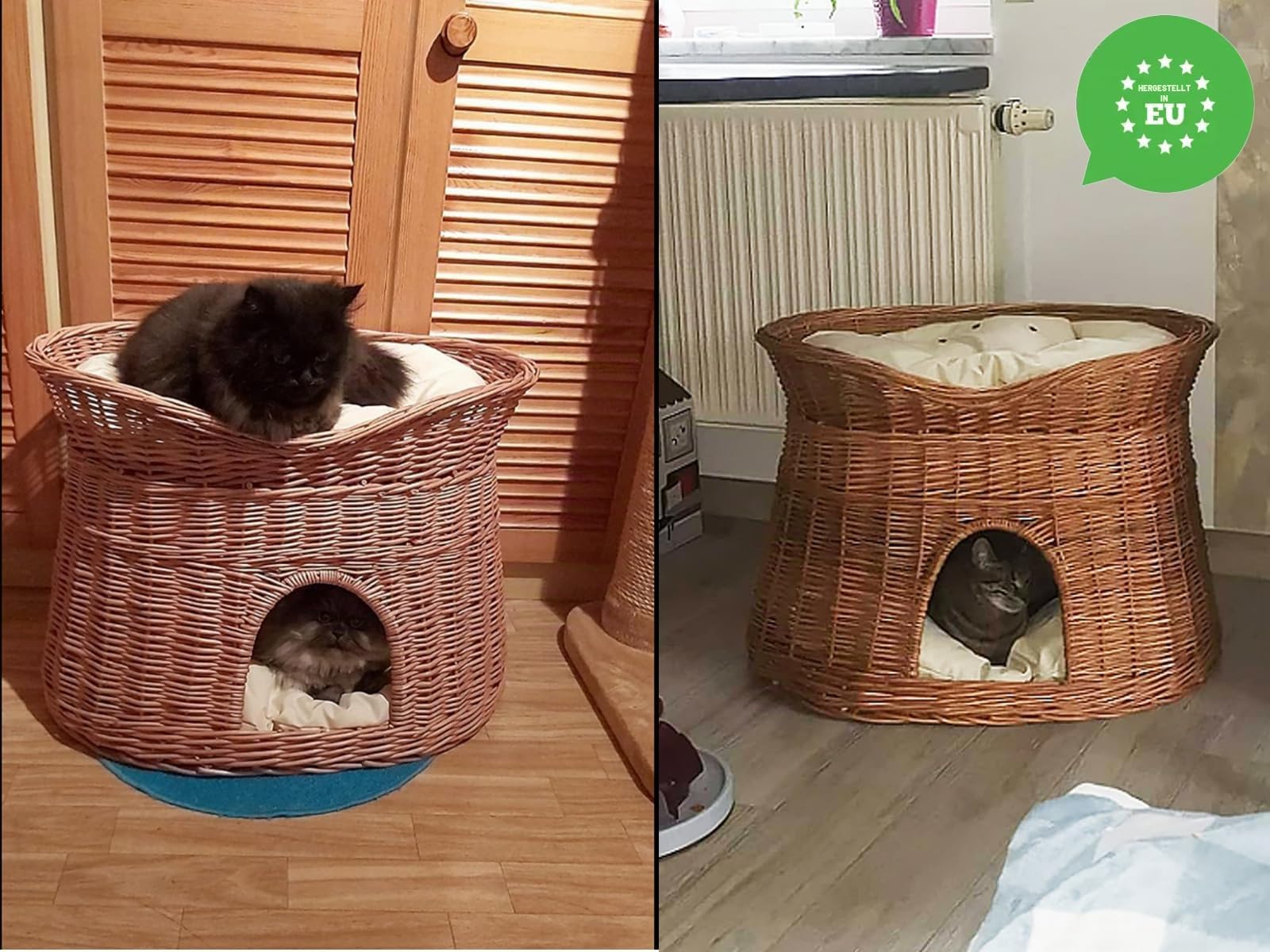 Katzenkorb zum Schlafen – Katzenhütte Indoor – Größe L: 60 cm oval – Katzenhöhle aus Weide – Zweistöckiger Hunde – oder Katzenbett mit waschbaren Kissen in Ecru – Natürliche Korbfarbe