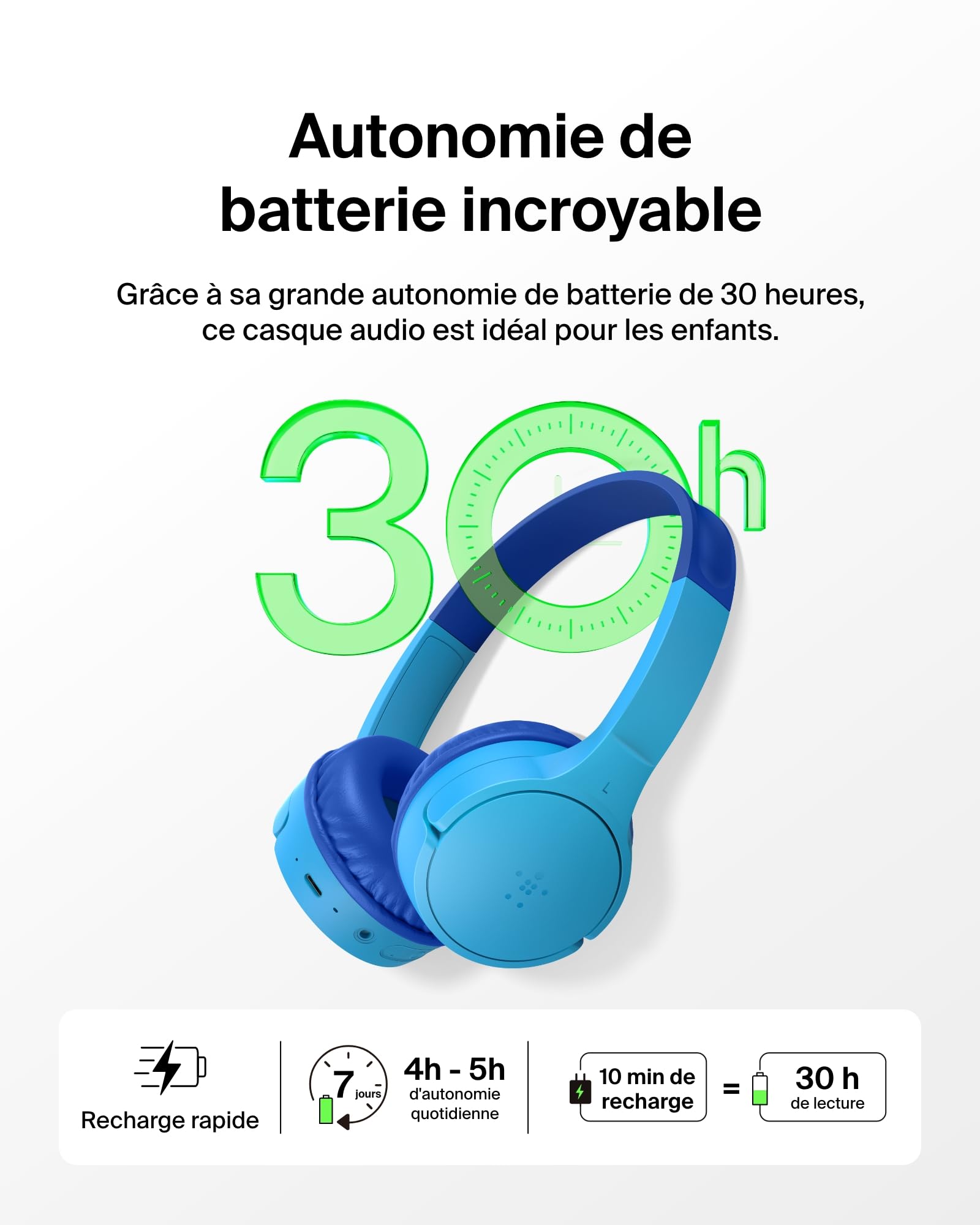 Belkin SoundForm Mini Casque Audio sans Fil pour Enfants avec Micro intégré (Circum-aural, autonomie de 30 h, pour Apprentissage, Voyages, Autocollants Amusants, pour iPhone, iPad, Galaxy) - Bleu