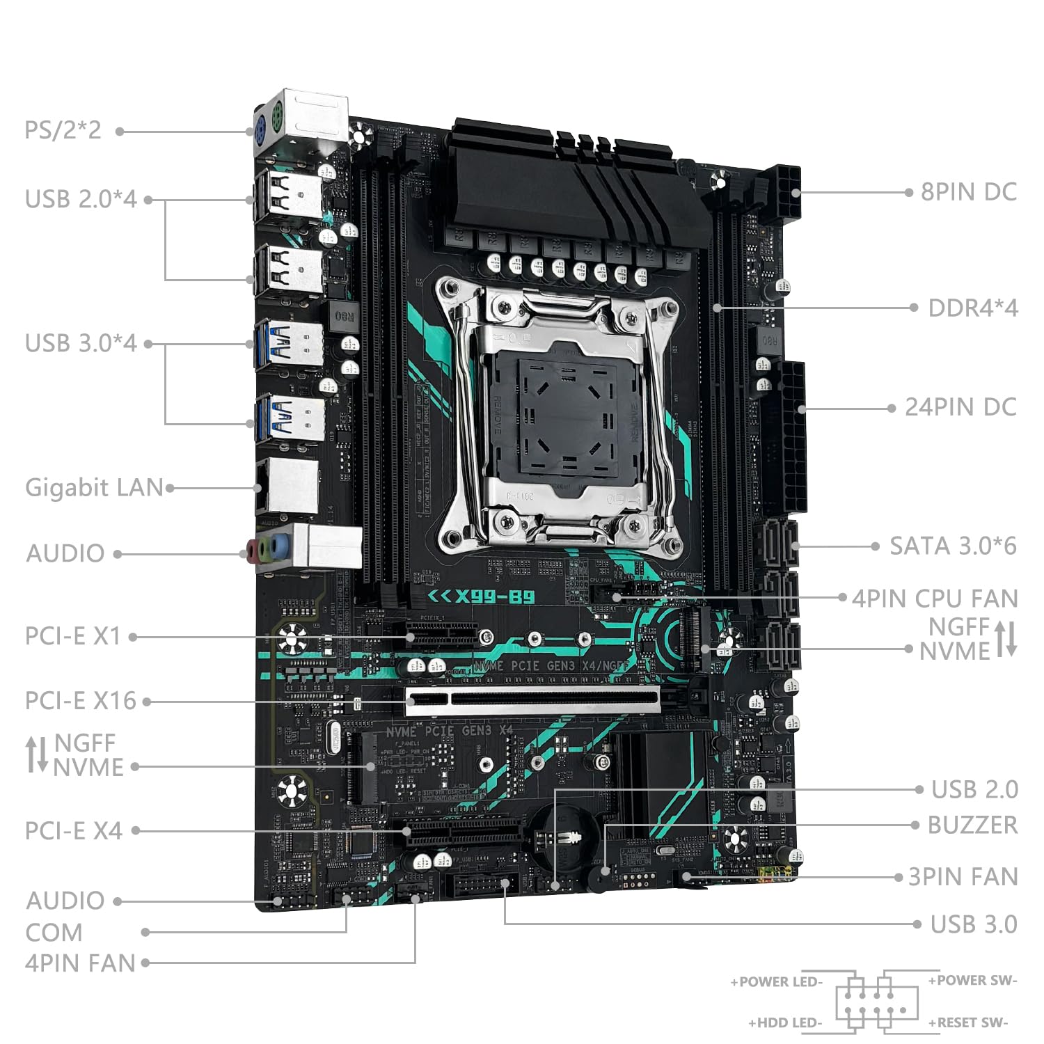 SHANGZHAOYUAN X99 B9 Mainboard Kompatibel mit LGA 2011-3 Intel Xeon E5 V3/V4 Core i7 Serie CPUs (DDR4 Max 128GB, PCIe 3.0, NVME/NGFF M.2, Gigabit LAN, SATA 3.0, USB 3.0) M-ATX PC Server Motherboard