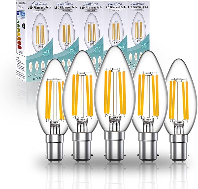 Luxvista 4W B15d Filament LED Candle Bulb C35 B15 Dimmable Edison Vintage SBC Small Bayonet Cap Candle Light Bulbs LED for 35-40W Incandescent Replacement Warm White 2700K (5-Pack)