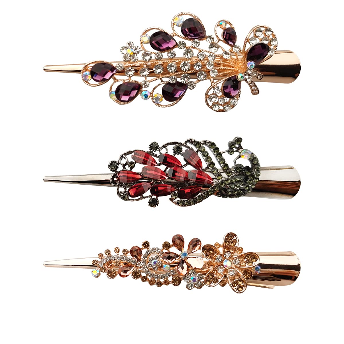 3 Pack Peacock Alligator Hair Clips Rhinestone Decorative Hair Barrettes Metal