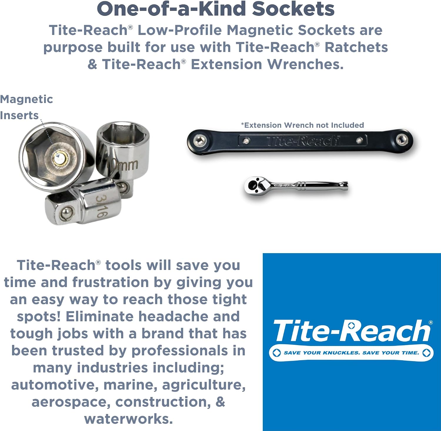 Original TITE-REACH 1/4” Drive Low Profile Ratchet & Socket Set, Standard and Metric Magnetic Sockets, Stubby Sockets, Made for Tight Spaces (Standard Handle)