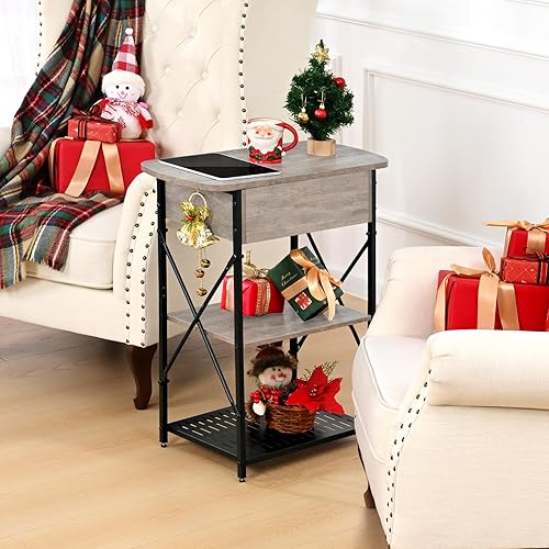 Miniatura 2 de Livofloral Mesa auxiliar estrecha con estación de carga, mesa auxiliar gris con 3 puertos USB y 2 salidas de CA, mesa auxiliar abatible con