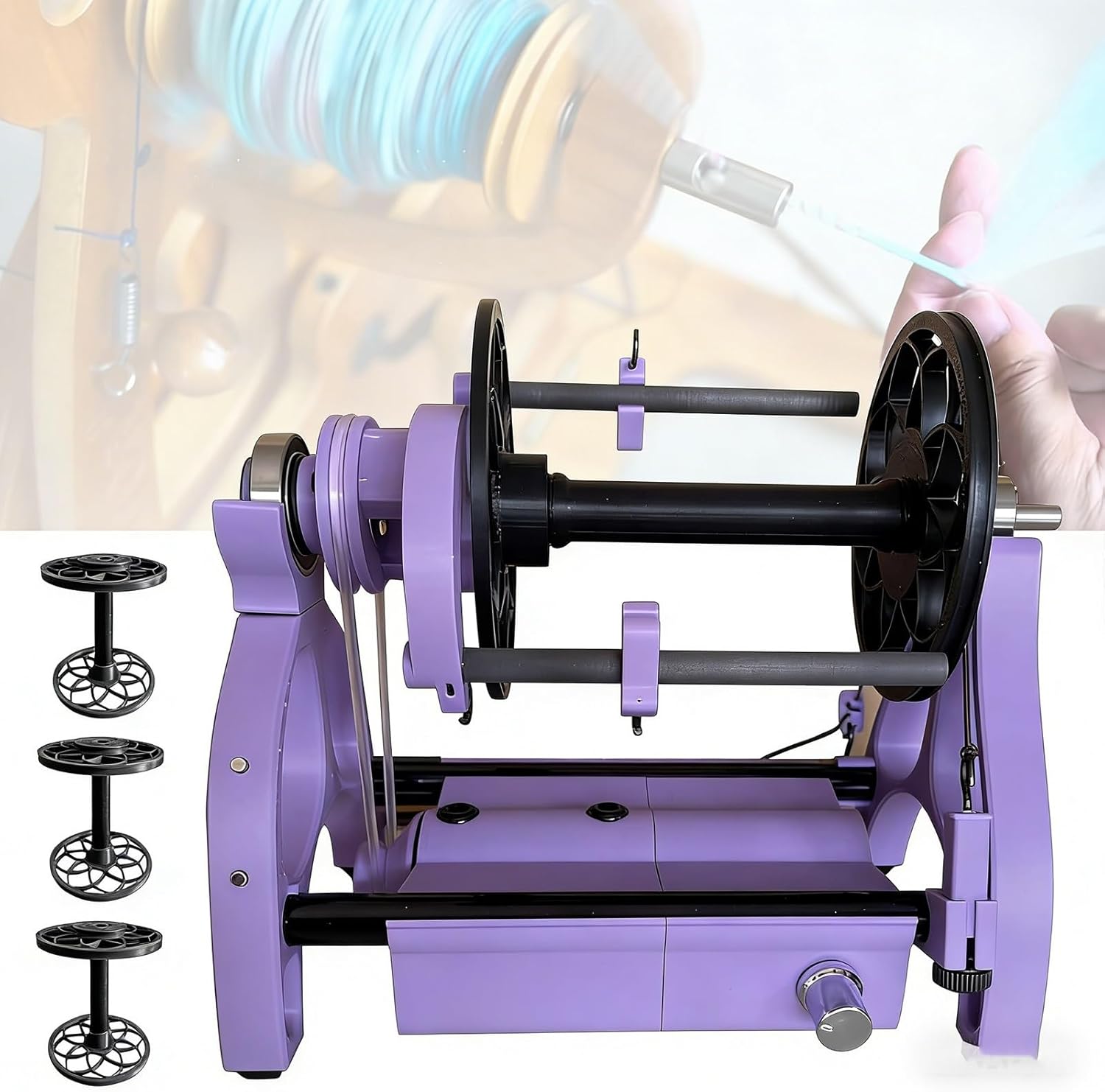 Household Electric Spinning Wheel, Electric Winding Machine，Mini Wool Spinning Wheel - Forward/Reverse Switching+Max Speed ​​800RPM+Capacity 4oz(120G), for Wool Fibre Twisting, 3 Spools(Purple)