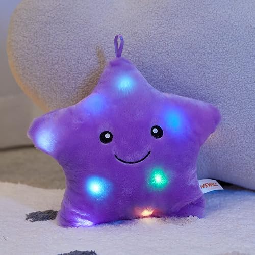 Miniatura 7 de WEWILL Almohada de felpa suave con luces LED centelleantes de 9 pulgadas, con luces nocturnas coloridas, cumpleaños para niños pequeños (morado)