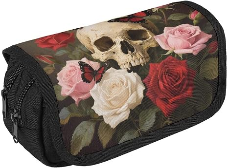 Rose Skull Large Pencil Case with Double Zipper for Adult