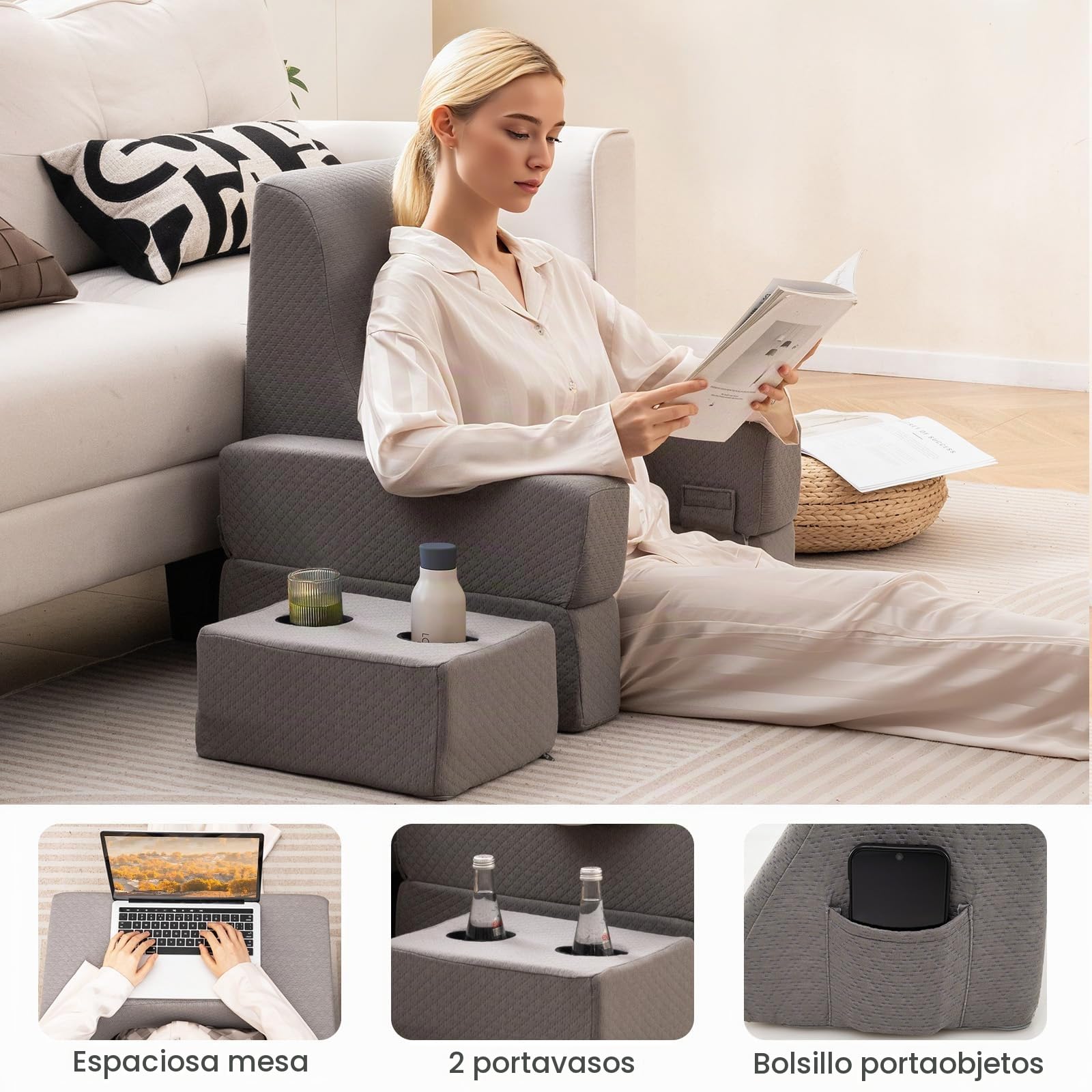 LIFEZEAL Cojin de Lectura con Posavasos Cojín de Espalda y Bolsillo de Almacenamiento, Almohadas de Lectura Escritorio Ergonómica con Reposabrazos, Respaldo Cama para Leer, Trabajar, Hacer Ganchillo
