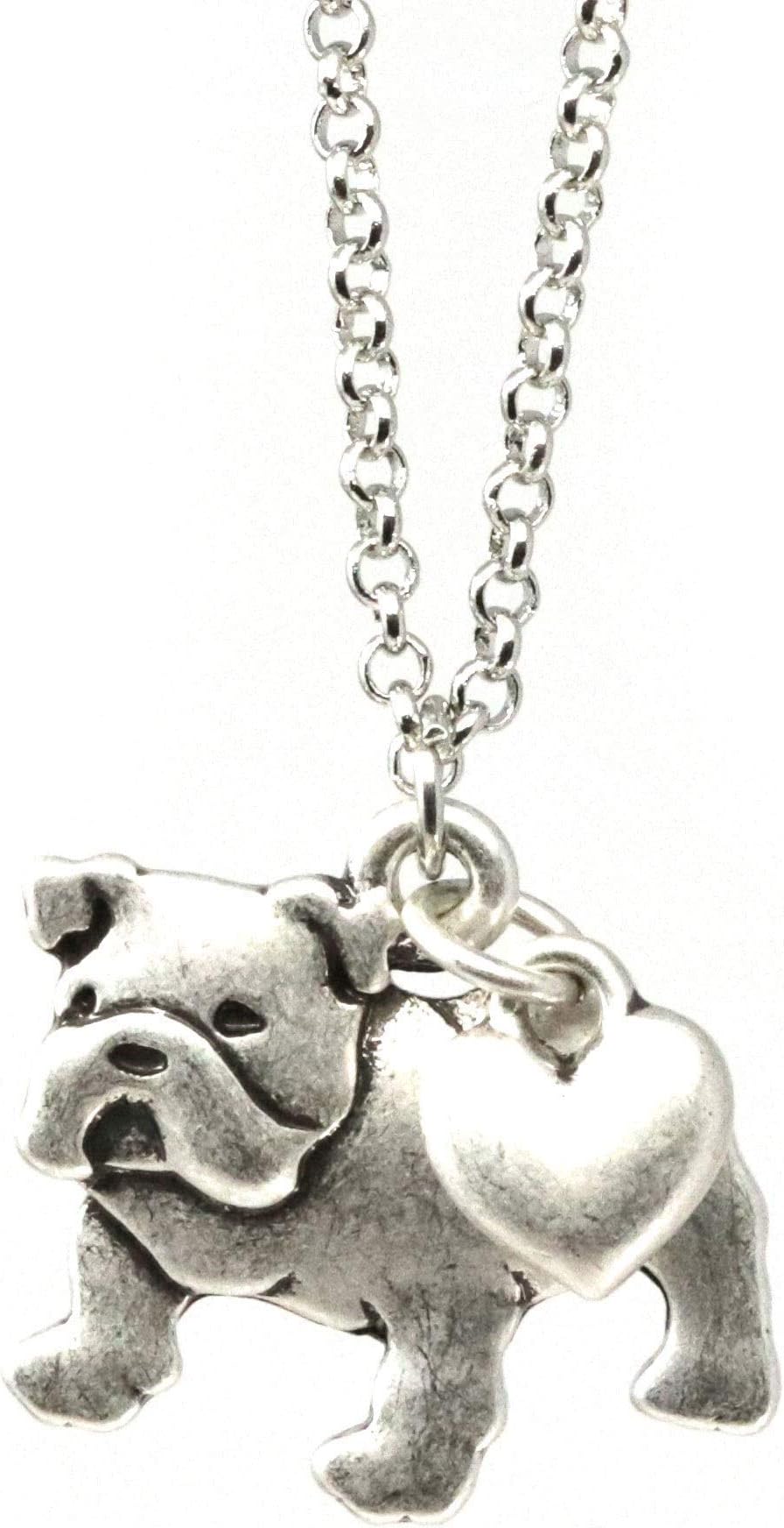 English Bulldog Charm Necklace, Bull Dog Pet Lover Gift, Silver Metal with Heart Pendant on a Chain, Ladies I Love Dawgs Short Hair