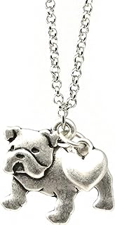 English Bulldog Charm Necklace, Bull Dog Pet Lover Gift, Silver Metal with Heart Pendant on a Chain, Ladies I Love Dawgs Short Hair