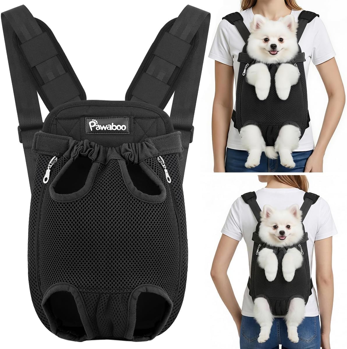 Pawaboo Pet Carrier Backpack, Pet Front Dog Cat Carrier Backpack, Legs Out, Easy-Fit for Traveling Hiking Camping, Travel Bag Backpacks for Small Dogs Cats 5-8lbs, M, Black