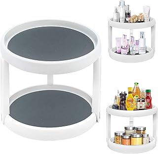 Lazy Susan Organizer Turntable Organizer Lazy Susan Turntable for Cabinet Spice Spinner Spice Rack Organizer for Cabinet Spinning Rack 360 Rotating Non-Skid 2 Tier 10 Inch (White and Grey)