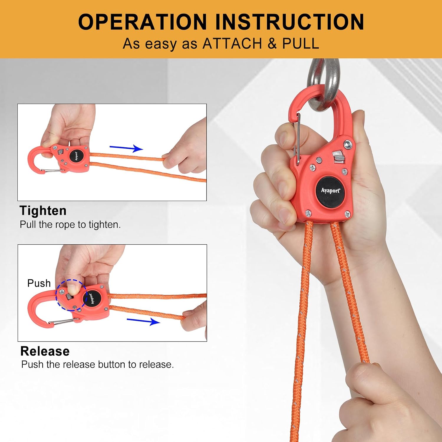 Ayaport Rope Tie Down Ratchet with Safety Lock Clip 1/4" x 12' Heavy Duty One-Piece Adjustable Kayak Straps for Tent, Tarp, Canopy Tie Downs, 4Pk Orange